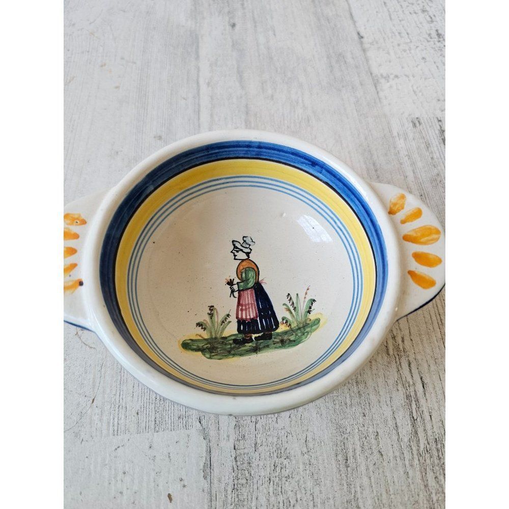 Vintage France pottery bowl‎ Lady flowers